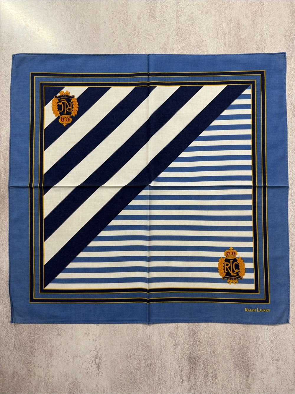 Ralph Lauren Blue, Navy & White Striped Crest Pocket Square